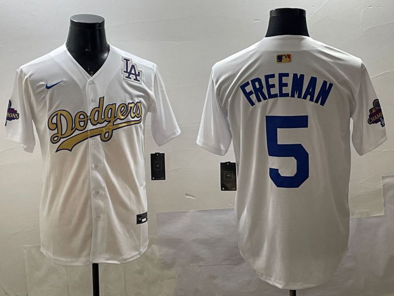 Men Los Angeles Dodgers 5 Freeman White Champion gold character 2025 Nike MLB Jersey style 33114